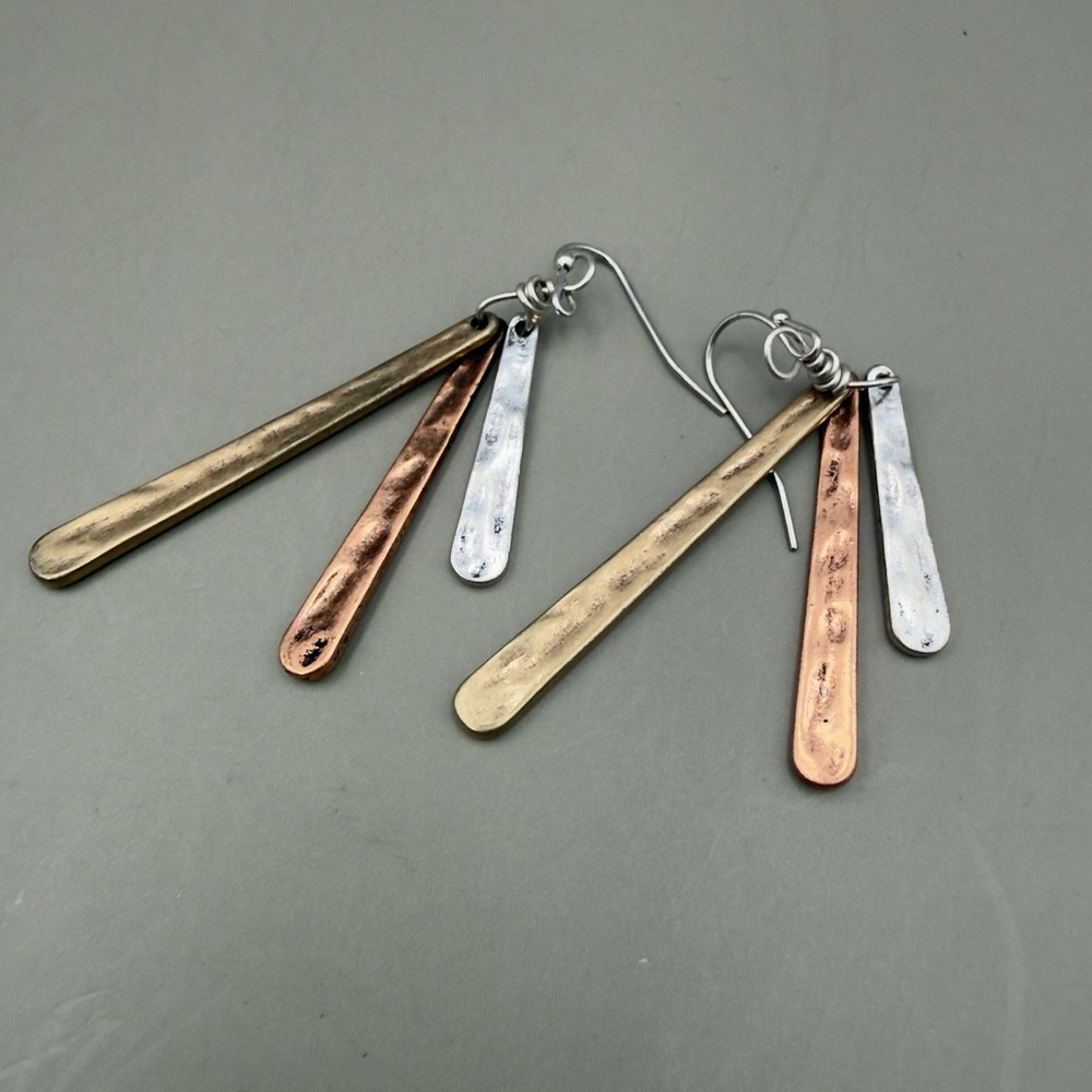Artisan Mixed Metal Dangle Earrings Hammered Copper Brass Silver Tone Boho - Picture 3 of 7